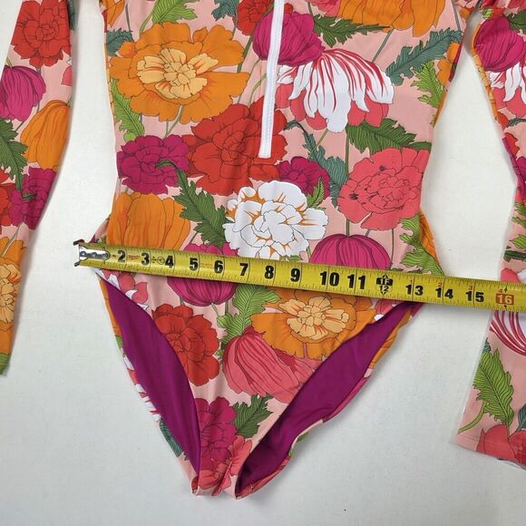 Trina Turk Swimsuit Womens Medium Floral Long Sleeve Rash Guard Pink Orange‎ Zip - Picture 4 of 12
